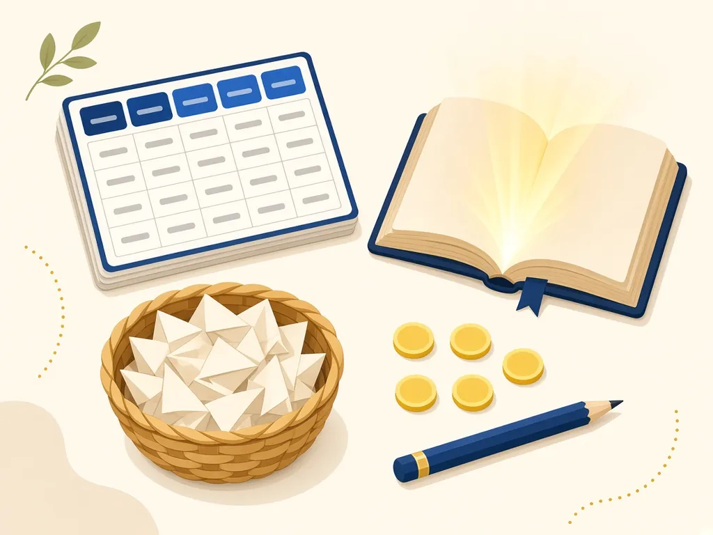 Ilustração do kit de bingo bíblico: cartelas impressas, uma Bíblia aberta e um cesto com as fichas de sorteio