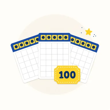 Ilustração de cartelas de bingo em leque com a etiqueta de 100 cartelas