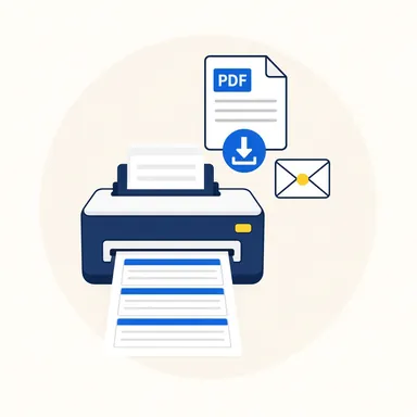 Ilustração de uma impressora imprimindo as cartelas, com o PDF e o e-mail